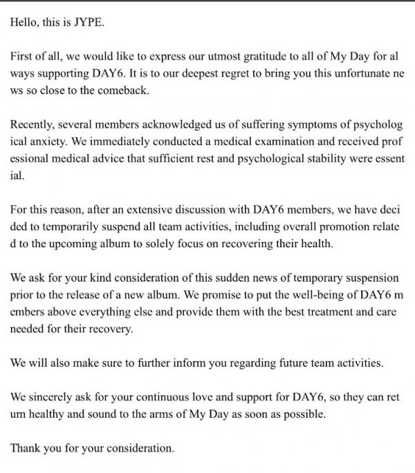 DAY6 Announces Temporary Suspension Of All Team Activities Due To Health Concerns