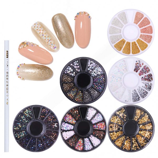 NICOLE DIARY 6 Boxes Chameleon Nail Beads Rhinestones Stone Resin Gold Metal Studs Irregular 3D Decoration Colorful Nail Art with 1Pc Wax Pen Rhinestone Picker Easily Picking Up Tools