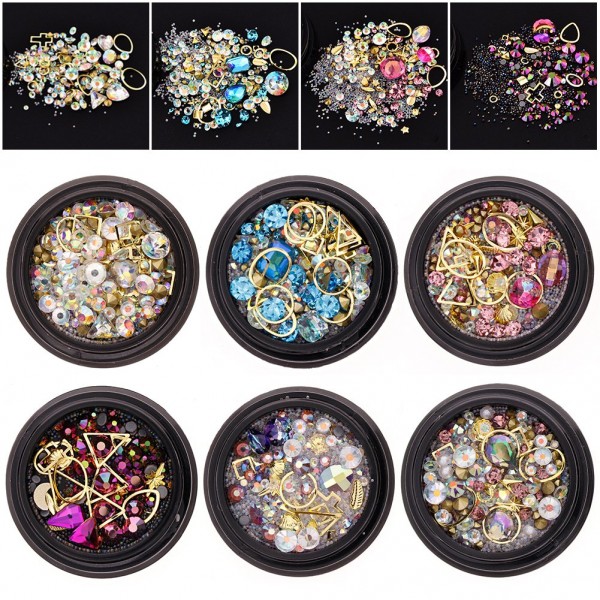 6 Wheels Mixed Nail Art Rhinestones Diamonds Crystals Beads Gems for DIY Decor Decorations Accessories 